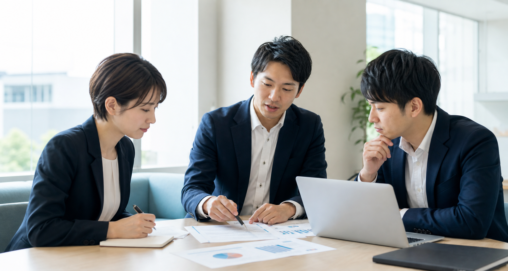 社員研修で資料を確認しながら学ぶイメージ